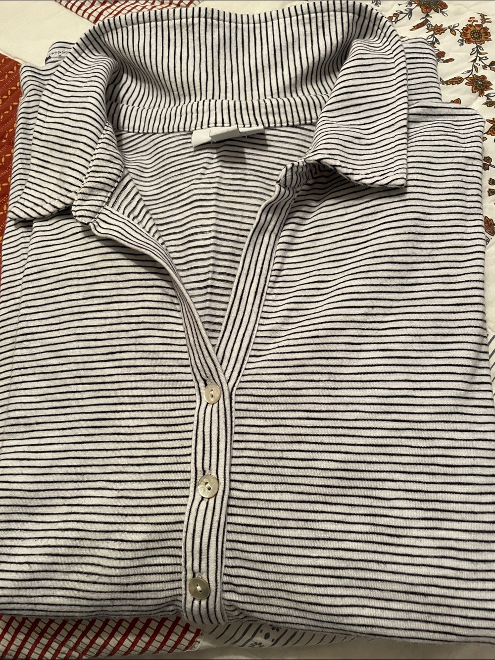 J.Jill 3/4 sleeve navy blue and white polo shirt with 3 MOP button close